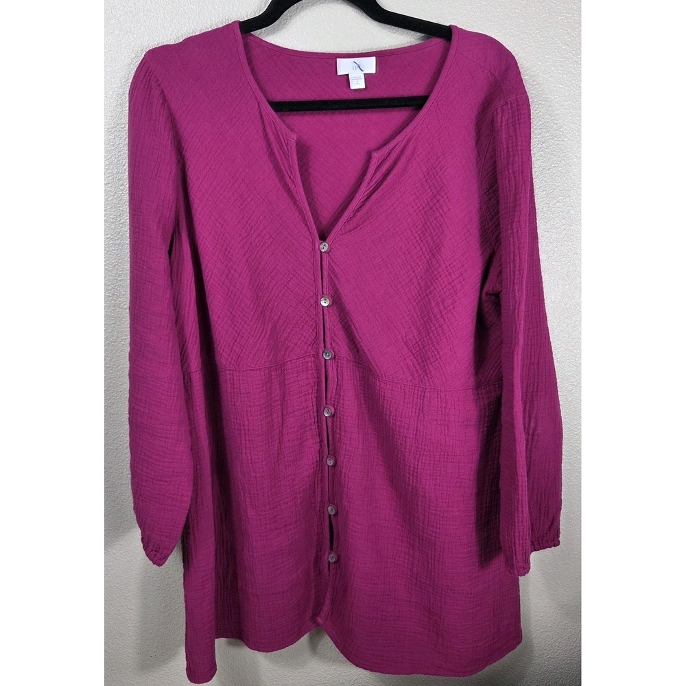 J.Jill Pure Jill Cotton Gauze Tunic Top Fuchsia Pink Button Front M Tall